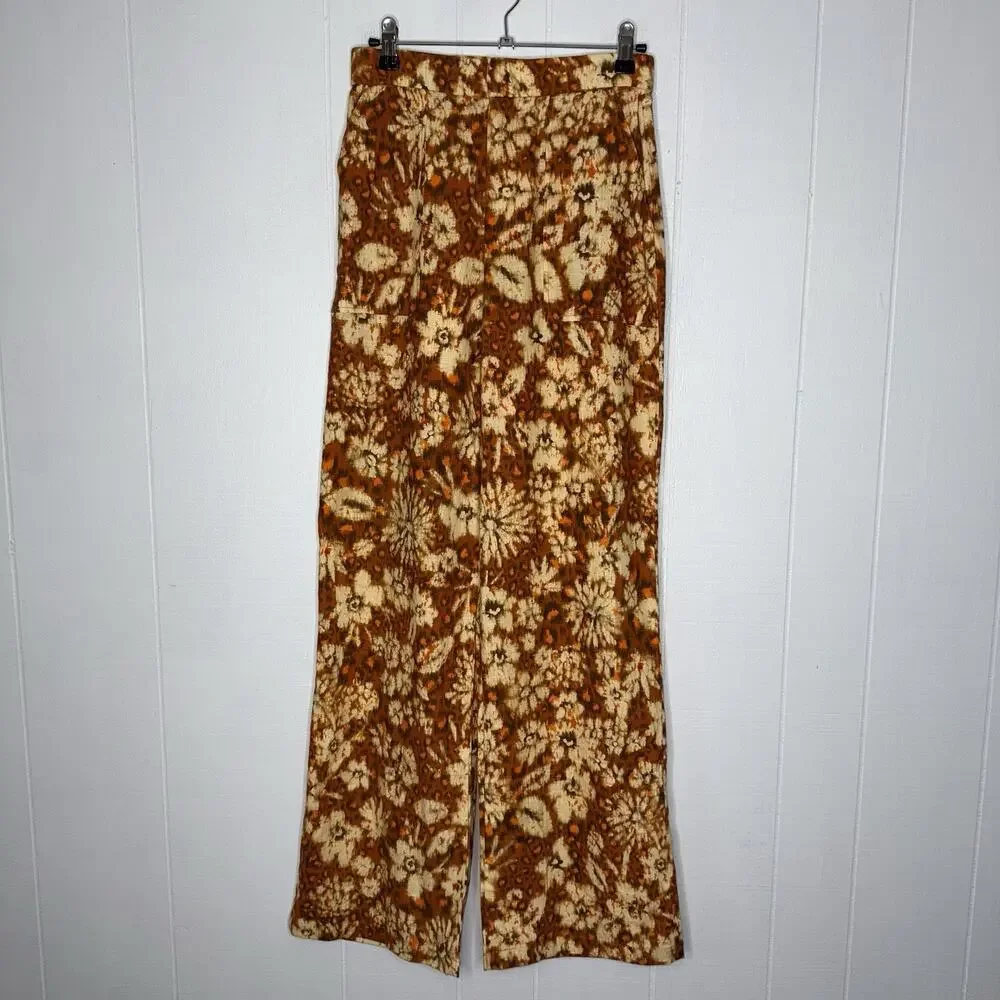 Zara Women’s Floral Leopard Linen Cotton Pants Orange Straight Leg Size Small